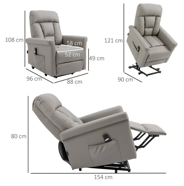 HOMCOM Power Lift Chair, PU Leather Recliner Sofa Chair for Elderly with Remote Control, Side Pocket, Grey Aosom UK