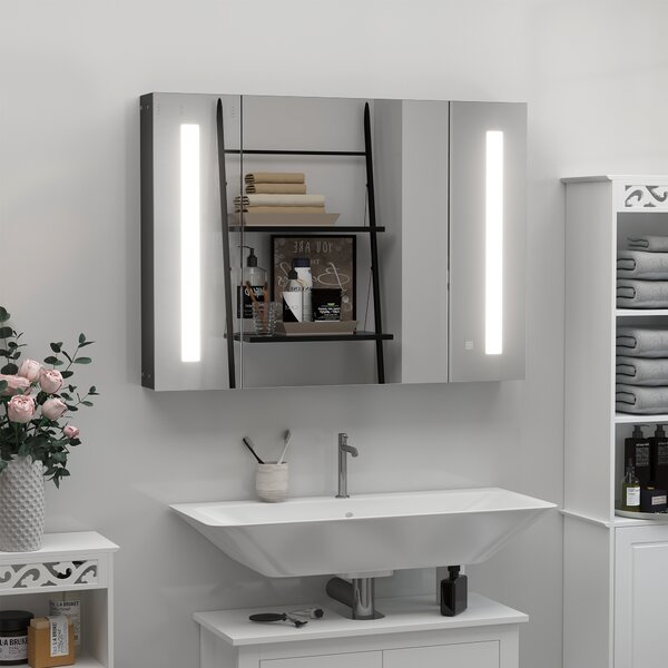Kleankin LED Bathroom Cabinet with Mirror, Wall Mounted Dimmable Storage Organiser with 3 Mirrored Doors and Adjustable Shelves Aosom UK