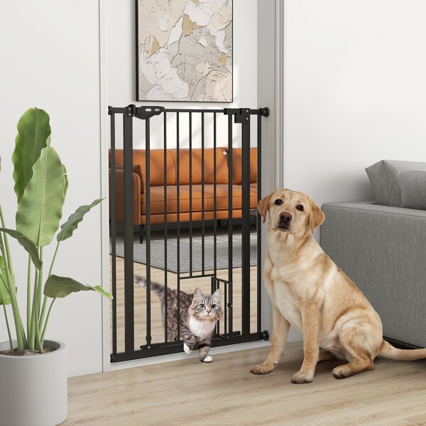 PawHut Extra Tall Dog Gate with Cat Door, Pet Safety Gate for Doorways Stairs with Auto Close Double Locking, 104H x 74-80W cm, Black Aosom UK