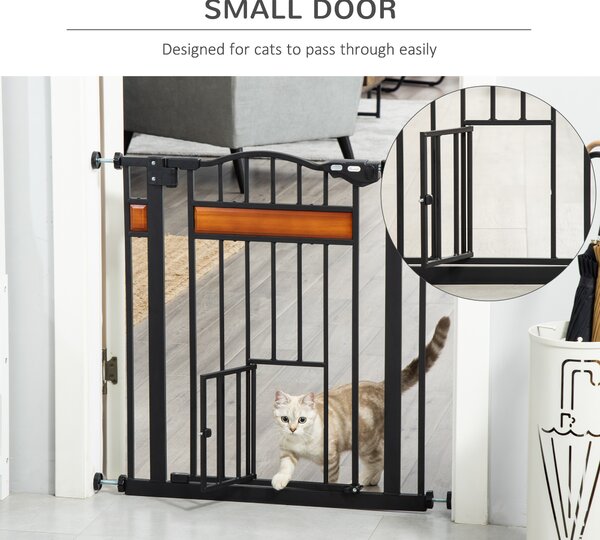 PawHut Dog Gate w/ Cat Door Pet Safety Gate, Auto Close Double Locking Pine Wood Decoration, for Doorways Stairs Indoor, 74-80 cm, Black Aosom UK