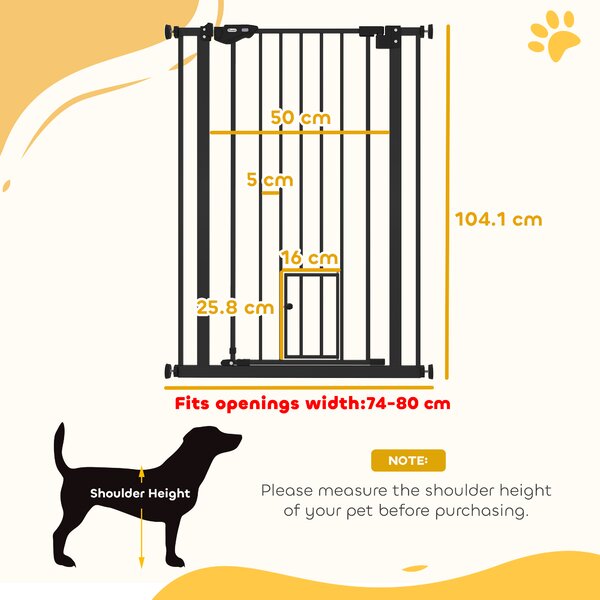 PawHut Extra Tall Dog Gate with Cat Door, Pet Safety Gate for Doorways Stairs with Auto Close Double Locking, 104H x 74-80W cm, Black Aosom UK