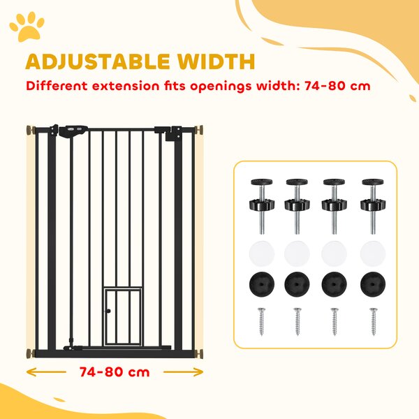 PawHut Extra Tall Dog Gate with Cat Door, Pet Safety Gate for Doorways Stairs with Auto Close Double Locking, 104H x 74-80W cm, Black Aosom UK