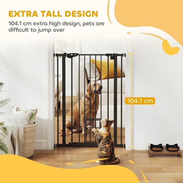 PawHut Extra Tall Dog Gate with Cat Door, Pet Safety Gate for Doorways Stairs with Auto Close Double Locking, 104H x 74-80W cm, Black Aosom UK