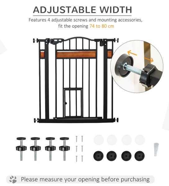 PawHut Dog Gate w/ Cat Door Pet Safety Gate, Auto Close Double Locking Pine Wood Decoration, for Doorways Stairs Indoor, 74-80 cm, Black Aosom UK