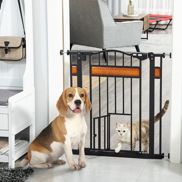 PawHut Dog Gate w/ Cat Door Pet Safety Gate, Auto Close Double Locking Pine Wood Decoration, for Doorways Stairs Indoor, 74-80 cm, Black Aosom UK