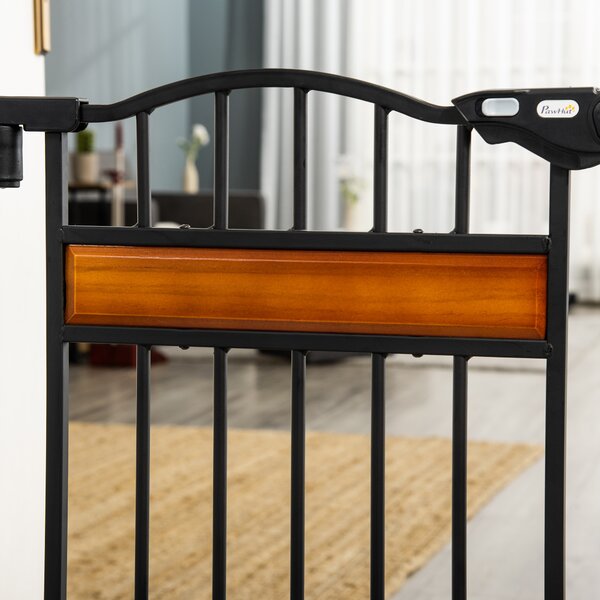 PawHut Dog Gate w/ Cat Door Pet Safety Gate, Auto Close Double Locking Pine Wood Decoration, for Doorways Stairs Indoor, 74-80 cm, Black Aosom UK