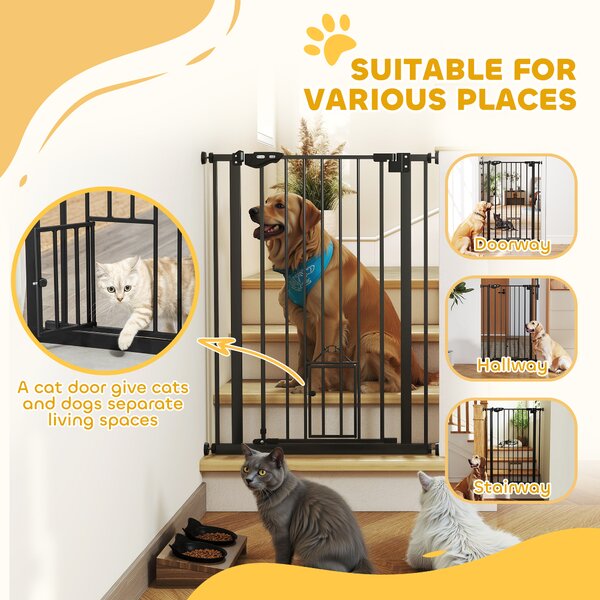 PawHut Extra Tall Dog Gate with Cat Door, Pet Safety Gate for Doorways Stairs with Auto Close Double Locking, 104H x 74-80W cm, Black Aosom UK