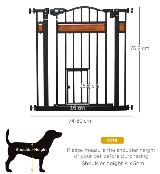 PawHut Dog Gate w/ Cat Door Pet Safety Gate, Auto Close Double Locking Pine Wood Decoration, for Doorways Stairs Indoor, 74-80 cm, Black Aosom UK
