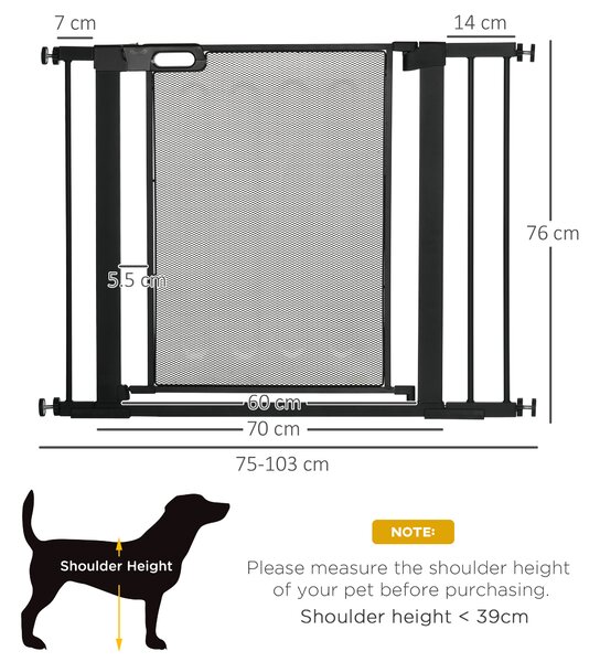 PawHut Pressure Fit Safety Gate for Doors and Stairs, Dog Gate with Auto Close, Pet Barrier for Hallways, with Double Locking, 2 Extensions Kit Black
