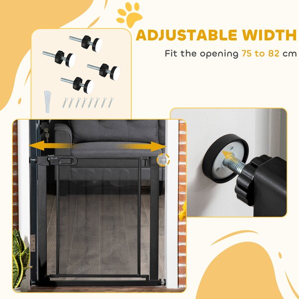 PawHut Pressure Fit Safety Gate for Doors and Stairs, Dog Gate with Auto Close, Pet Barrier for Hallways, with Double Locking Openings 75-82 cm Black