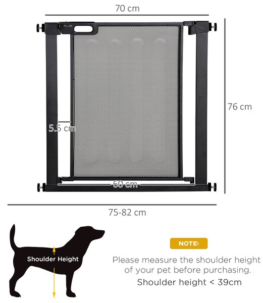 PawHut Pressure Fit Safety Gate for Doors and Stairs, Dog Gate with Auto Close, Pet Barrier for Hallways, with Double Locking Openings 75-82 cm Black