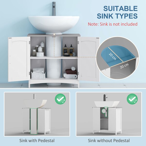 Kleankin Compact Vanity Unit: Double-Door Undersink Cabinet with Adjustable Shelves, Pedestal Style for Bathroom Storage, White Aosom UK