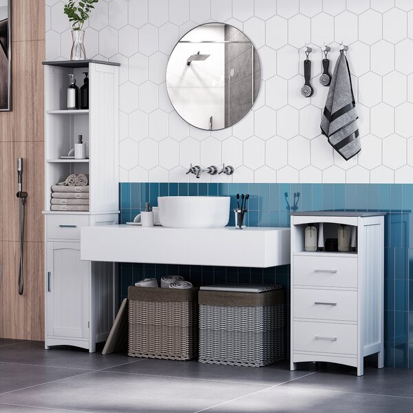 Kleankin Tall Linen Tower Bathroom Cabinet, 3 Tier Shelf with Cupboard & Drawer, Slim Side Freestanding Organizer, White Aosom UK