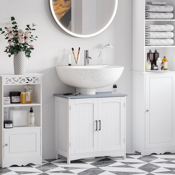 Kleankin Compact Vanity Unit: Double-Door Undersink Cabinet with Adjustable Shelves, Pedestal Style for Bathroom Storage, White Aosom UK