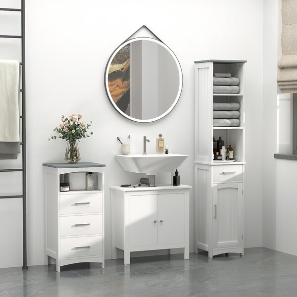 Kleankin Tall Linen Tower Bathroom Cabinet, 3 Tier Shelf with Cupboard & Drawer, Slim Side Freestanding Organizer, White Aosom UK