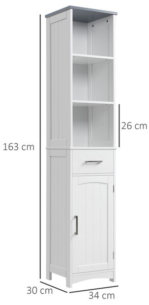 Kleankin Tall Linen Tower Bathroom Cabinet, 3 Tier Shelf with Cupboard & Drawer, Slim Side Freestanding Organizer, White Aosom UK