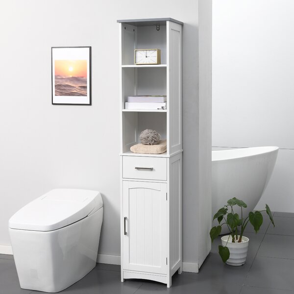 Kleankin Tall Linen Tower Bathroom Cabinet, 3 Tier Shelf with Cupboard & Drawer, Slim Side Freestanding Organizer, White Aosom UK