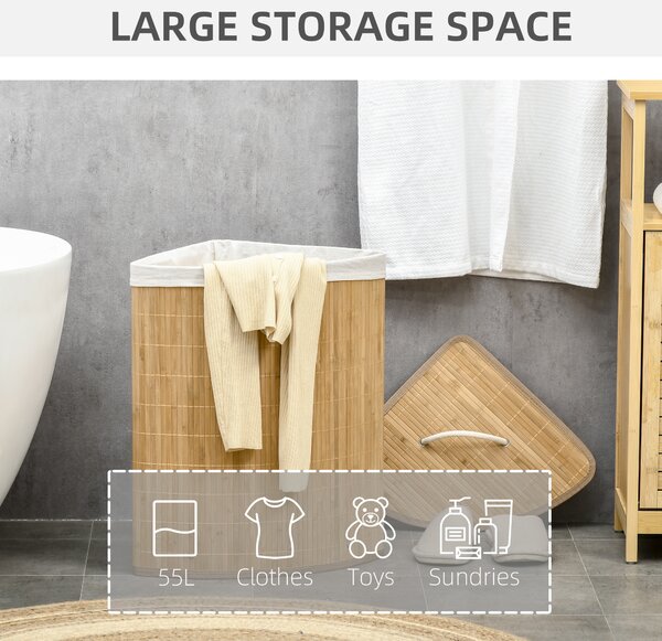 HOMCOM Bamboo Laundry Basket with Lid, 55 Litres Laundry Hamper w/ Removable Washable Lining, Corner Washing Baskets, Natural Aosom UK