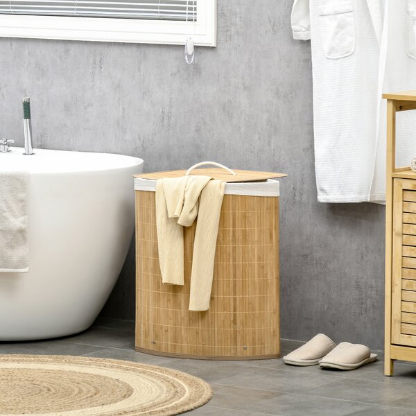 HOMCOM Bamboo Laundry Basket with Lid, 55 Litres Laundry Hamper w/ Removable Washable Lining, Corner Washing Baskets, Natural Aosom UK