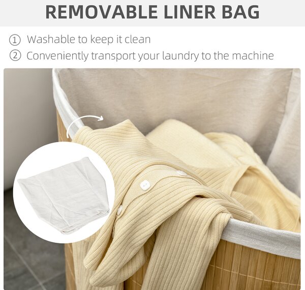HOMCOM Bamboo Laundry Basket with Lid, 55 Litres Laundry Hamper w/ Removable Washable Lining, Corner Washing Baskets, Natural Aosom UK