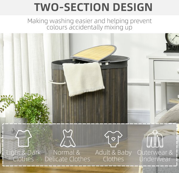 HOMCOM Bamboo Laundry Sanctuary: 100L Dual-Compartment Hamper with Lid & Removable Liner, Greystone Aosom UK