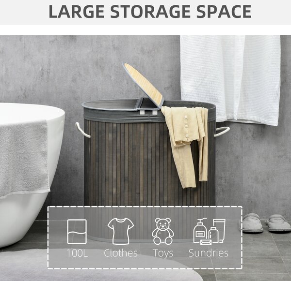 HOMCOM Bamboo Laundry Sanctuary: 100L Dual-Compartment Hamper with Lid & Removable Liner, Greystone Aosom UK