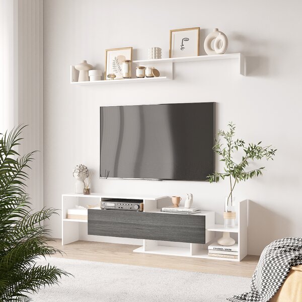 HOMCOM TV Unit w/ Storage for Wall-Mounted 65" TVs or Standing 50" TVs, TV stand set w/ a Wall Shelf & a Cabinet for Bedroom-White & Grey Aosom UK
