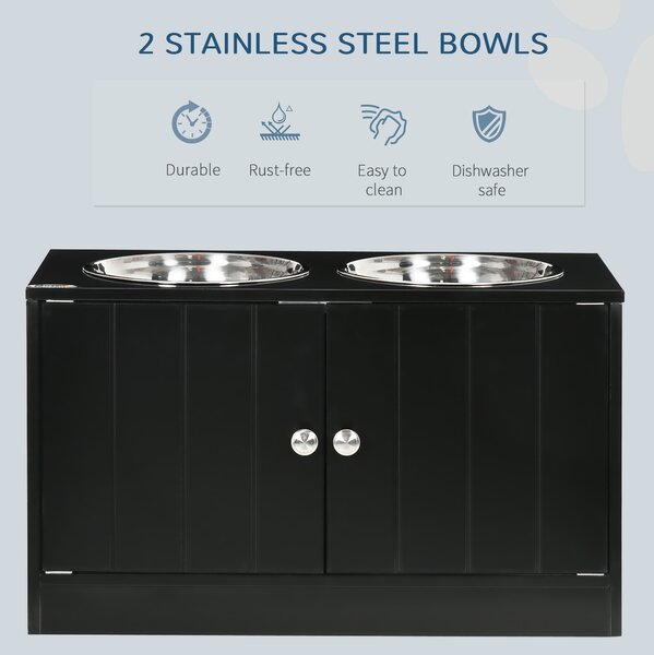 PawHut Pet Feeding Station for Large Dogs, Raised Dog Bowls with Stand, Storage, 2 Stainless Steel Bowls, Black, 60 x 30 x 35.5 cm Aosom UK