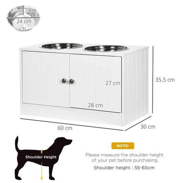 PawHut Elevated Dog Bowls for Large Breeds, Pet Feeding Station with Storage, 2 Stainless Steel Bowls, White, 60x30x35.5cm Aosom UK