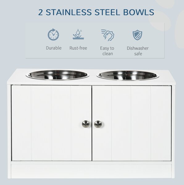 PawHut Elevated Dog Bowls for Large Breeds, Pet Feeding Station with Storage, 2 Stainless Steel Bowls, White, 60x30x35.5cm Aosom UK