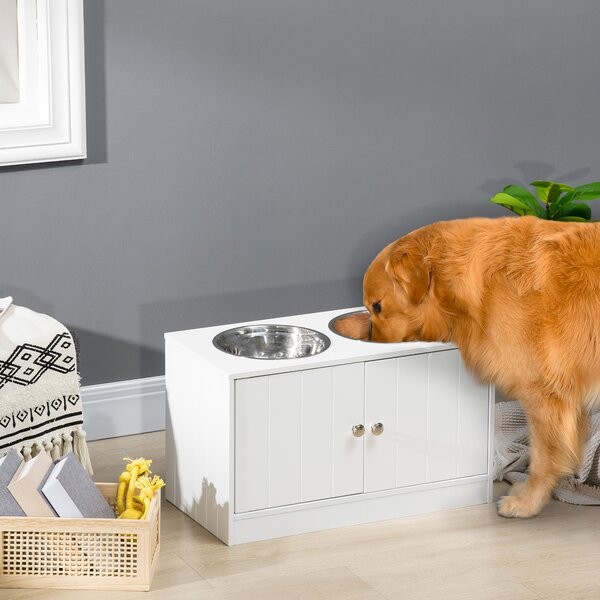 PawHut Elevated Dog Bowls for Large Breeds, Pet Feeding Station with Storage, 2 Stainless Steel Bowls, White, 60x30x35.5cm Aosom UK