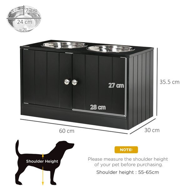 PawHut Pet Feeding Station for Large Dogs, Raised Dog Bowls with Stand, Storage, 2 Stainless Steel Bowls, Black, 60 x 30 x 35.5 cm Aosom UK