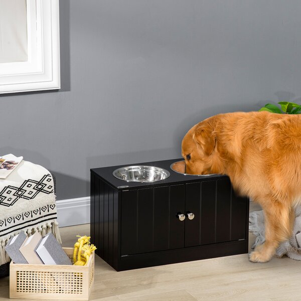 PawHut Pet Feeding Station for Large Dogs, Raised Dog Bowls with Stand, Storage, 2 Stainless Steel Bowls, Black, 60 x 30 x 35.5 cm Aosom UK