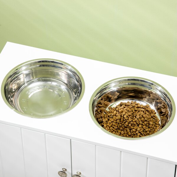 PawHut Elevated Dog Bowls for Large Breeds, Pet Feeding Station with Storage, 2 Stainless Steel Bowls, White, 60x30x35.5cm Aosom UK