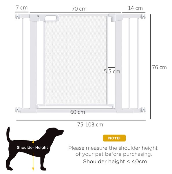 PawHut Pressure Fit Safety Gate for Doorways and Staircases, Dog Gate w/ Auto Closing Door, Pet Barrier for Hallways w/ Double Locking - White