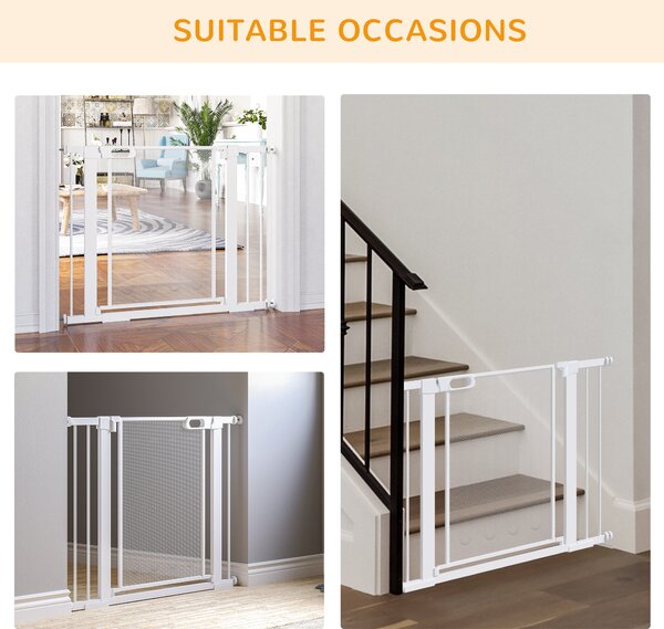PawHut Pressure Fit Safety Gate for Doorways and Staircases, Dog Gate w/ Auto Closing Door, Pet Barrier for Hallways w/ Double Locking - White