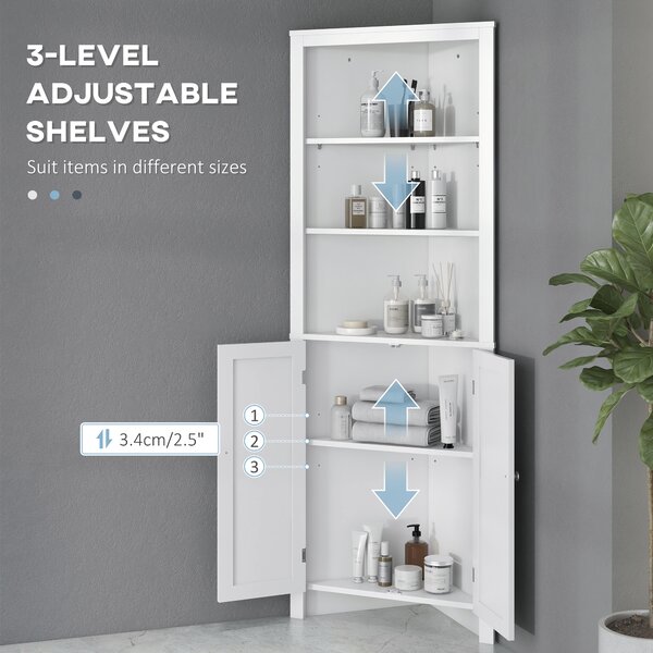 Kleankin Triangle Free Standing Bathroom Cabinet, Corner Bathroom Storage Unit with Cupboard and 3-Tier Shelves, White Aosom UK