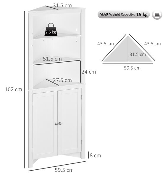 Kleankin Triangle Free Standing Bathroom Cabinet, Corner Bathroom Storage Unit with Cupboard and 3-Tier Shelves, White Aosom UK