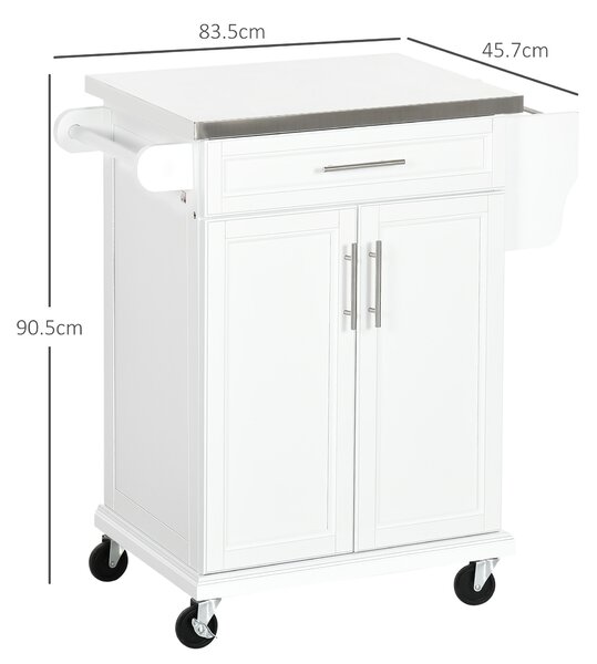 HOMCOM White Wooden Freestanding Kitchen Island on Wheels, Serving Cart Storage Trolley w/ Stainless Steel Top, Drawer, Side Handle & Rack Aosom UK