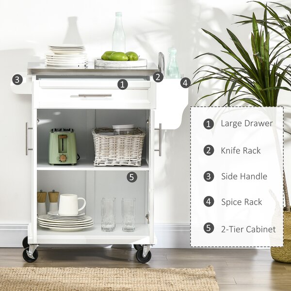 HOMCOM White Wooden Freestanding Kitchen Island on Wheels, Serving Cart Storage Trolley w/ Stainless Steel Top, Drawer, Side Handle & Rack Aosom UK