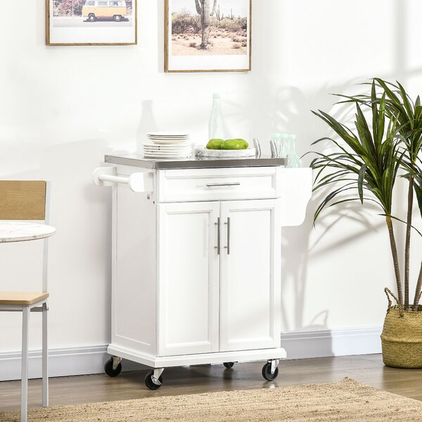 HOMCOM White Wooden Freestanding Kitchen Island on Wheels, Serving Cart Storage Trolley w/ Stainless Steel Top, Drawer, Side Handle & Rack Aosom UK