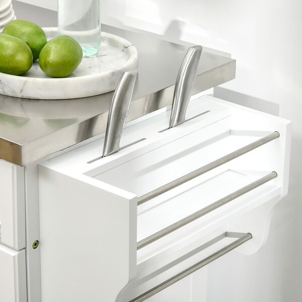HOMCOM White Wooden Freestanding Kitchen Island on Wheels, Serving Cart Storage Trolley w/ Stainless Steel Top, Drawer, Side Handle & Rack Aosom UK