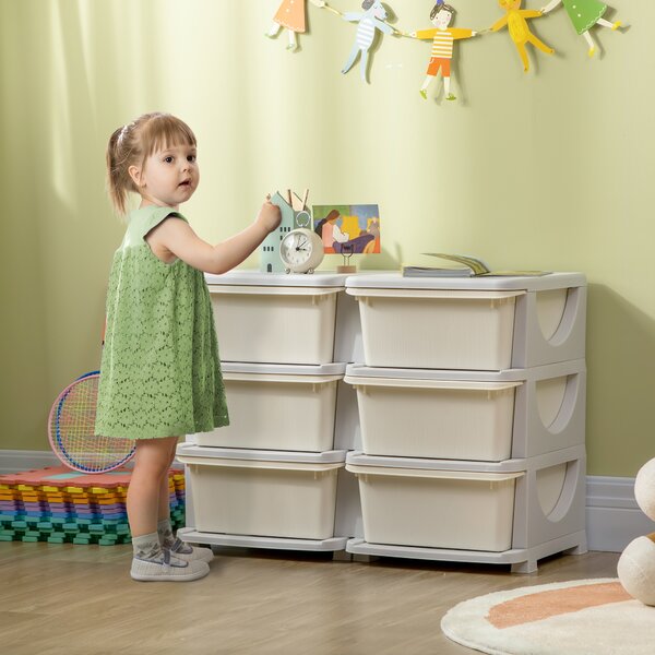 ZONEKIZ Kids Storage Units w/ 6 Drawers, 3 Tier Kids Toy Storage Organizer, Vertical Dresser Tower for Nursery Playroom Kindergarten, Cream Aosom UK