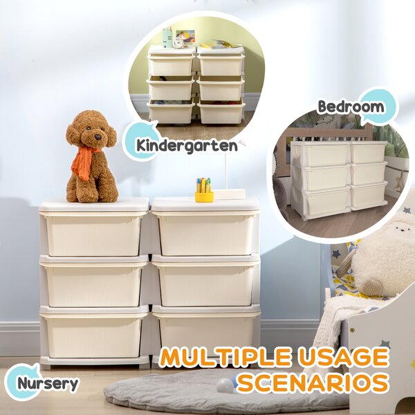 ZONEKIZ Kids Storage Units w/ 6 Drawers, 3 Tier Kids Toy Storage Organizer, Vertical Dresser Tower for Nursery Playroom Kindergarten, Cream Aosom UK