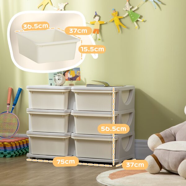 ZONEKIZ Kids Storage Units w/ 6 Drawers, 3 Tier Kids Toy Storage Organizer, Vertical Dresser Tower for Nursery Playroom Kindergarten, Cream Aosom UK
