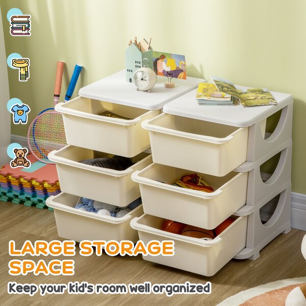 ZONEKIZ Kids Storage Units w/ 6 Drawers, 3 Tier Kids Toy Storage Organizer, Vertical Dresser Tower for Nursery Playroom Kindergarten, Cream Aosom UK