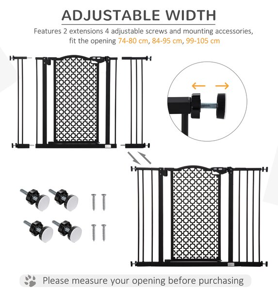 PawHut 74-105 cm Pet Safety Gate Barrier Stair Pressure Fit with Auto Close and Double Locking for Doorways, Hallways, Black