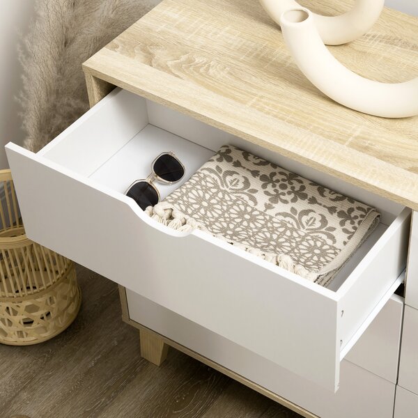HOMCOM 6-Drawer Wide Chest, Storage Organiser Unit with Wooden Legs for Bedroom, Living Room, White and Light Oak Aosom UK