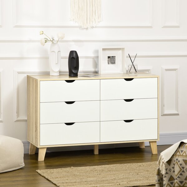 HOMCOM 6-Drawer Wide Chest, Storage Organiser Unit with Wooden Legs for Bedroom, Living Room, White and Light Oak Aosom UK
