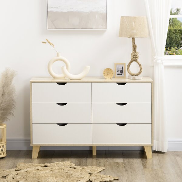 HOMCOM 6-Drawer Wide Chest, Storage Organiser Unit with Wooden Legs for Bedroom, Living Room, White and Light Oak Aosom UK